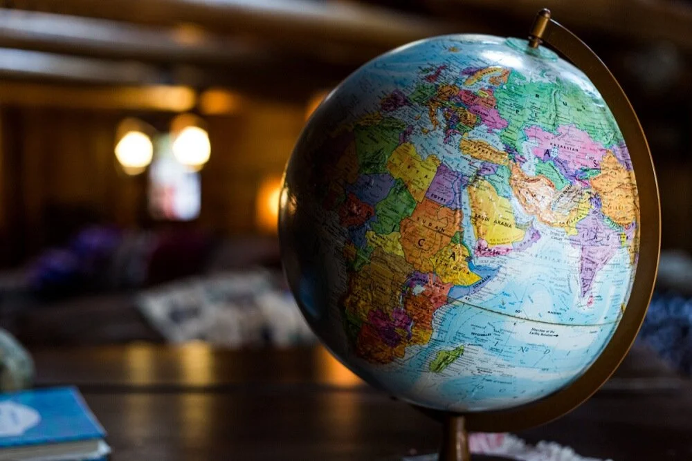A globe of the world showing Africa, Europe, and parts of Asia.